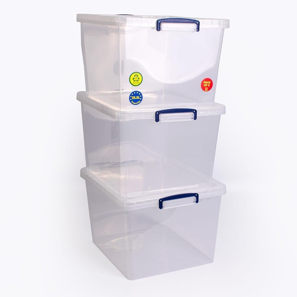 image 1 of 3 x Really Useful Box, 33.5 litres, nestable box with lid, 380 mm x 460 mm x 285 mm, transparent