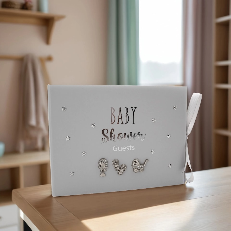 image 1 of Grey Baby Shower Guest Book with Silver Plated Rattle Pram and Booties