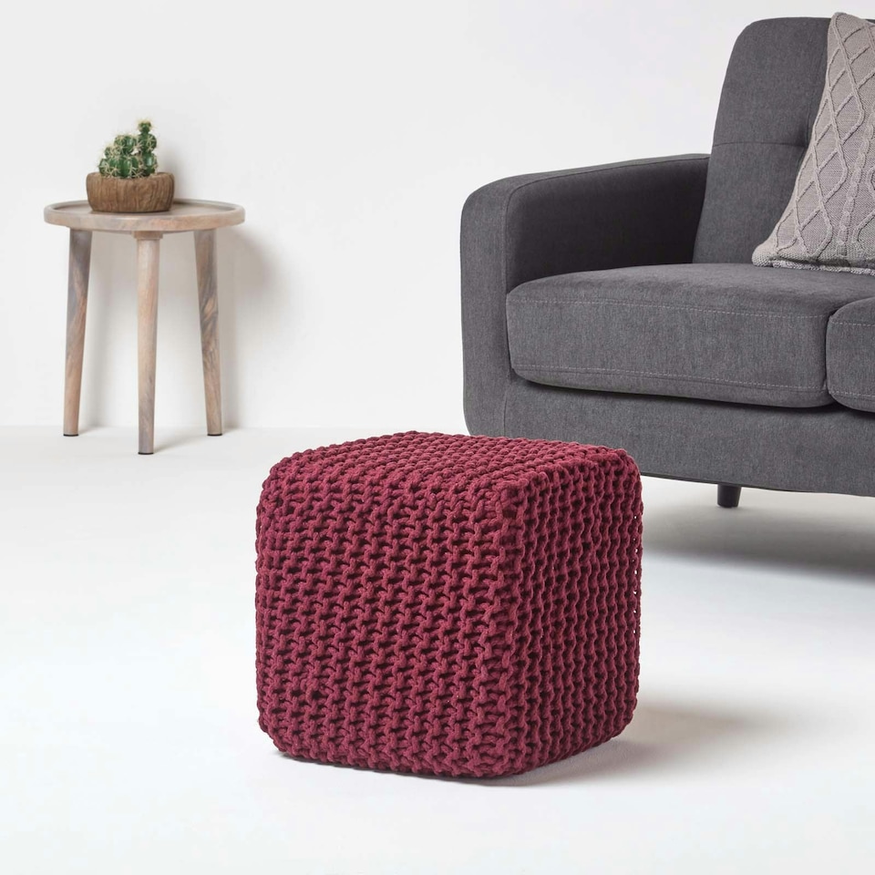 image 1 of Homescapes Plum Cube Cotton Knitted Pouffe Footstool