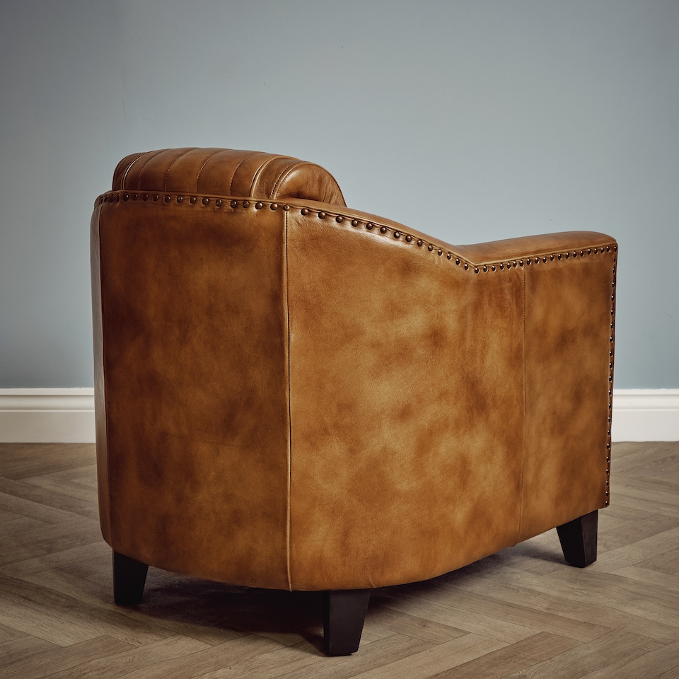 image 1 of Real Genuine Leather Tub Aviator Wing Accent Arm Chair Brown Tan