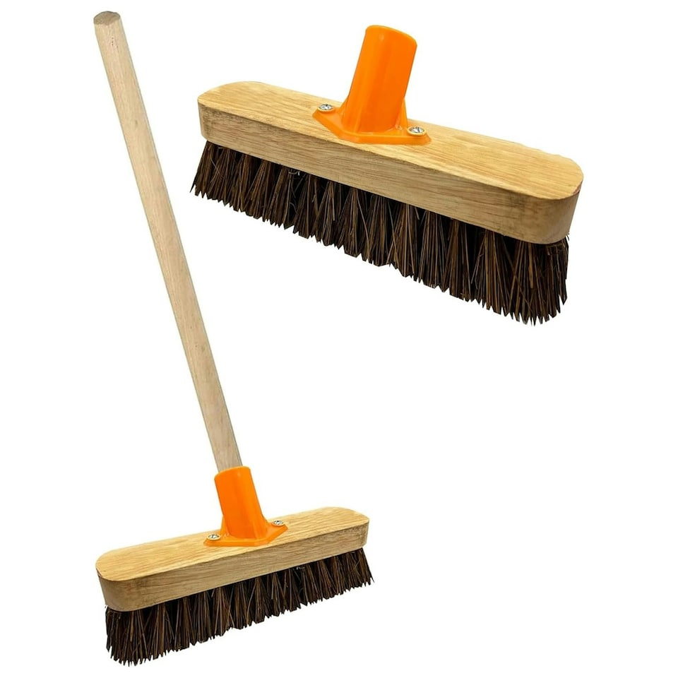 image 1 of 1 x 12" Traditional Bassine Wooden Indoor Outdoor Garage, Warehouse, Yard Sweeping Brush With Handle & Support Bracket