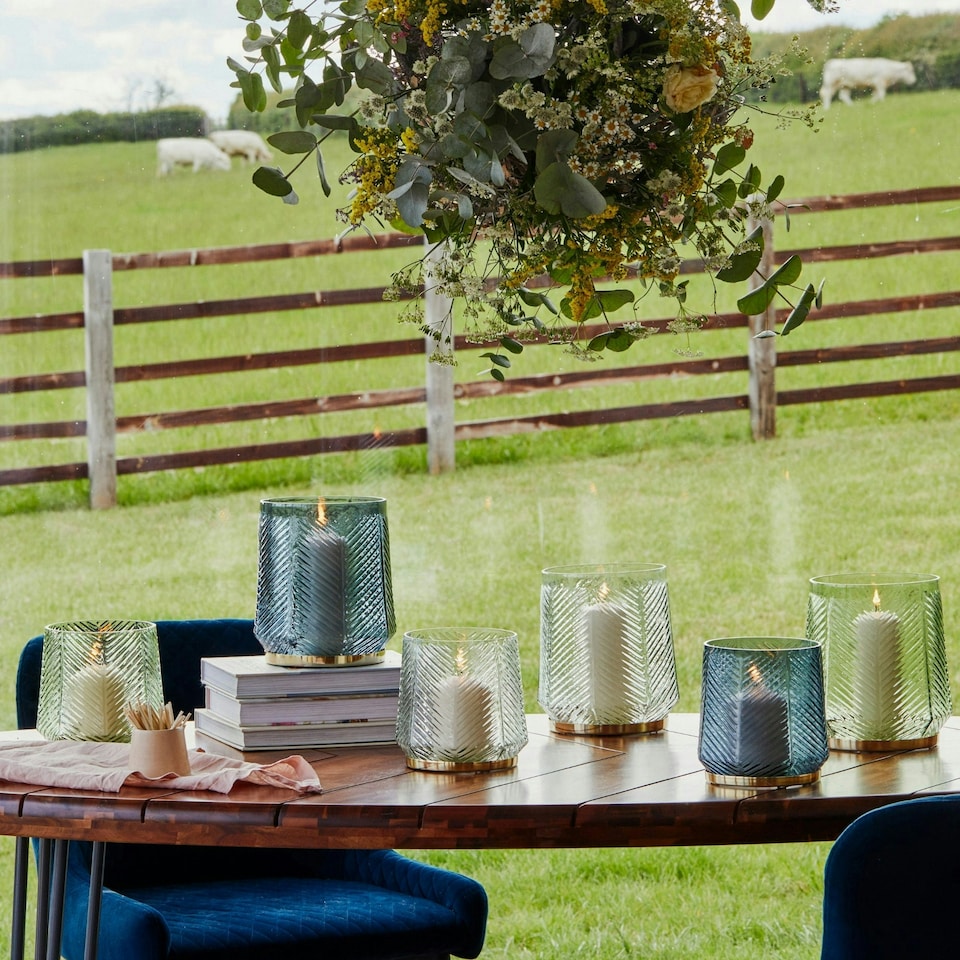 image 1 of Elm Embossed Candle Holder Green