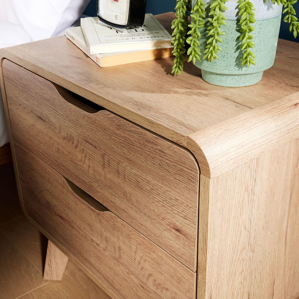 image 1 of 2 Drawer Bedside Oak Effect Scandi Legs Bedroom Furniture Nightstand Table Unit