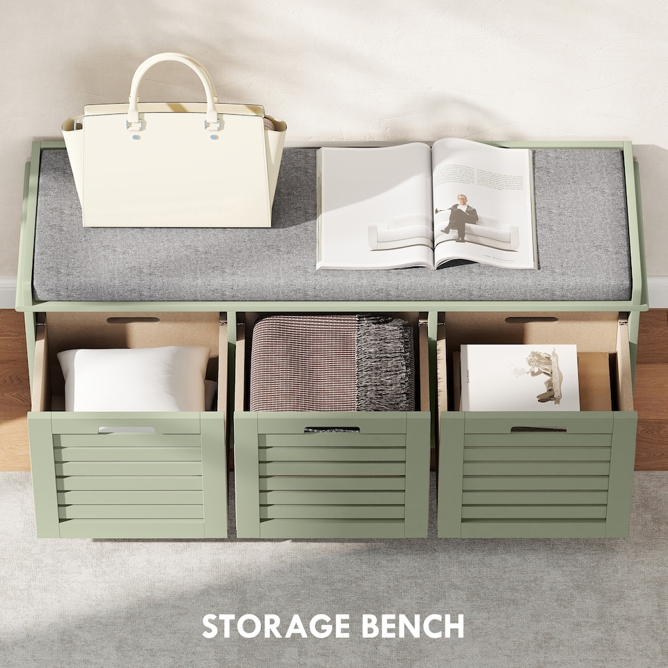 image 1 of HOMCOM 3-Door Shoe Storage Bench Cushion Seat Slatted Doors, Green | Green