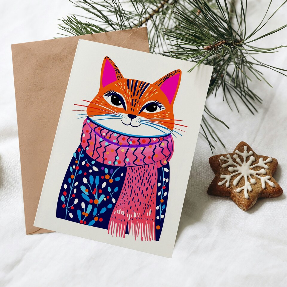 image 1 of Greeting Card Tabby Winter Floral Jumper Pink Scarf Cat Lover For Her Woman Xmas Christmas Card
