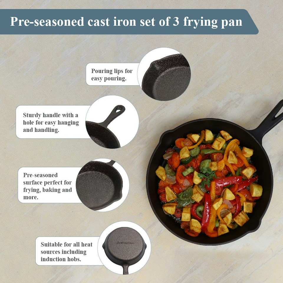 image 1 of Buckingham Pre-Seasoned Cast Iron Set of 3 Frying Skillet Pan 16 , 20 and 25 cm