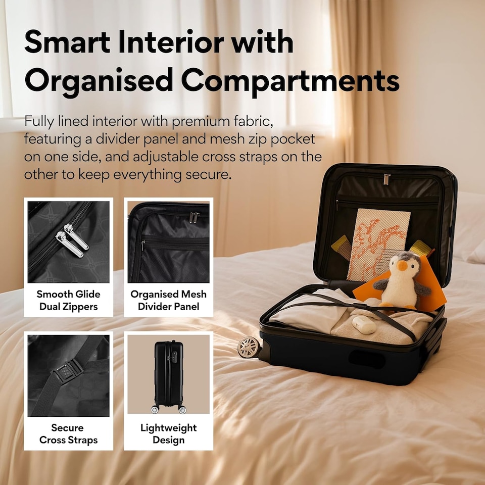 image 1 of Straame 55x40x20 cm Black Cabin Suitcase, 360° Spinner Wheels