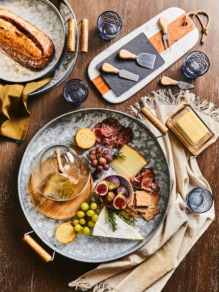 image 1 of Interiors By Premier Set of 3 Galvanised Steel Trays, Round Metal Serving Tray Set With Wooden Handles, Stainless Platter | Silver