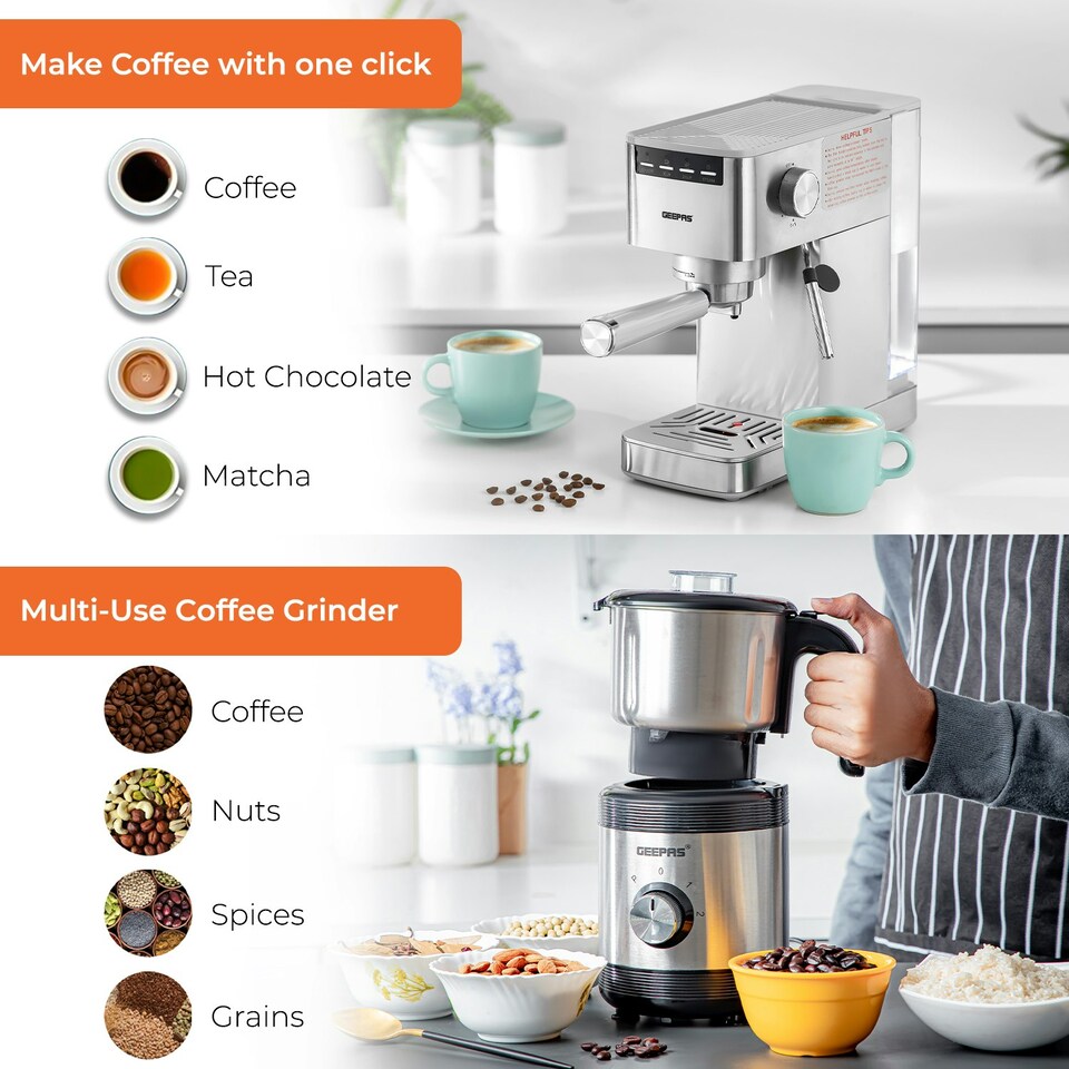 image 1 of GEEPAS 1450W Espresso & Cappuccino Coffee Machine & 450W Coffee Grinder Combo Set