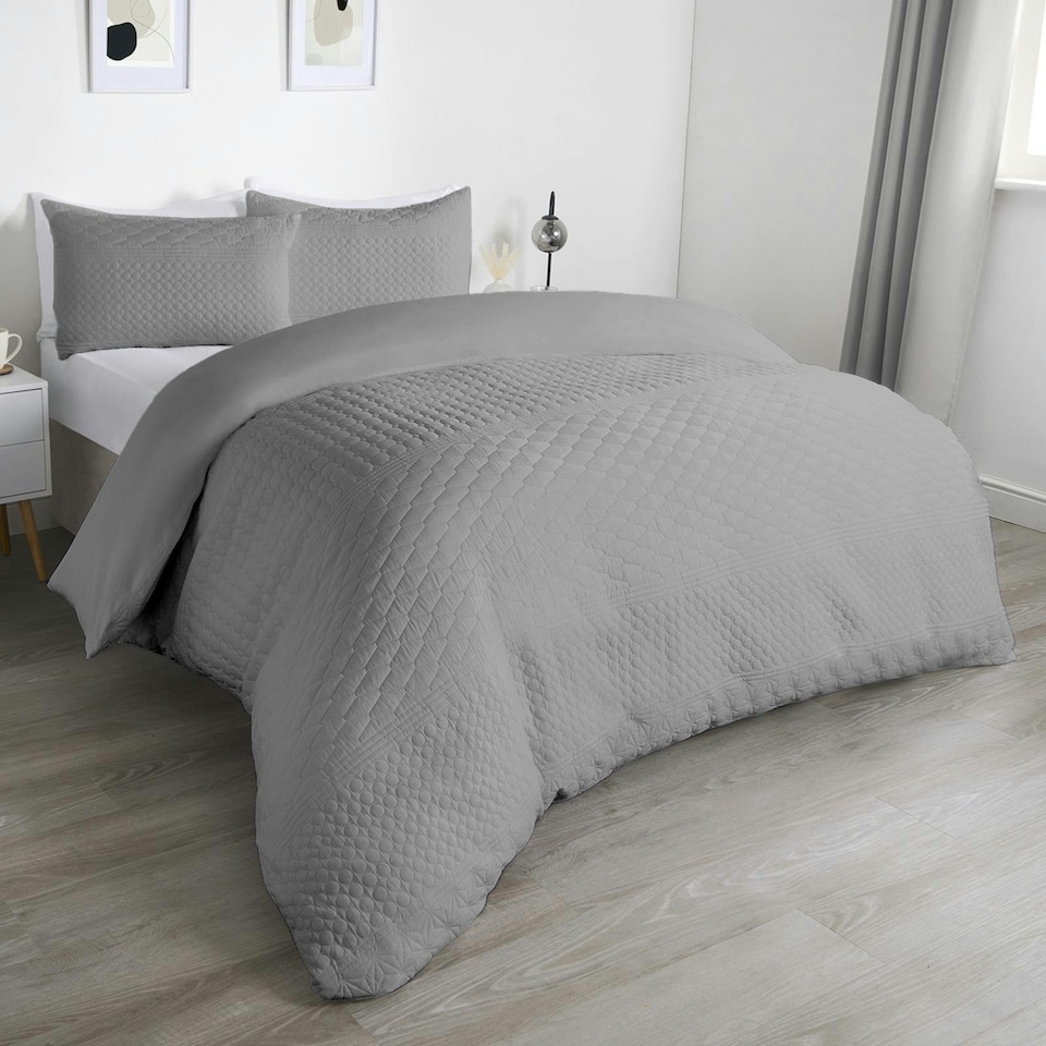 image 1 of OHS Tribal Geometric Embossed Textured Duvet Bedding Set, Super King - Grey