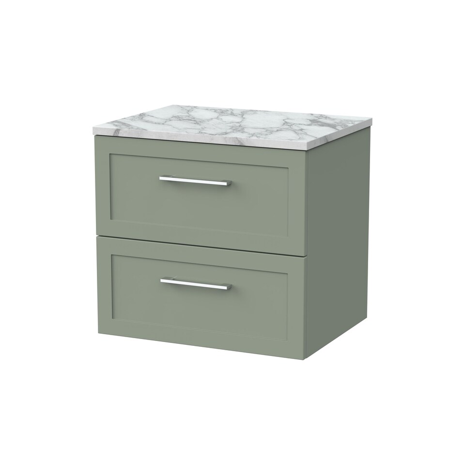 image 1 of Balterley Stonnall Traditional Wall Hung 2 Drawers Vanity Unit with Carrera Marble Laminate Worktop, 600mm, Reed Green