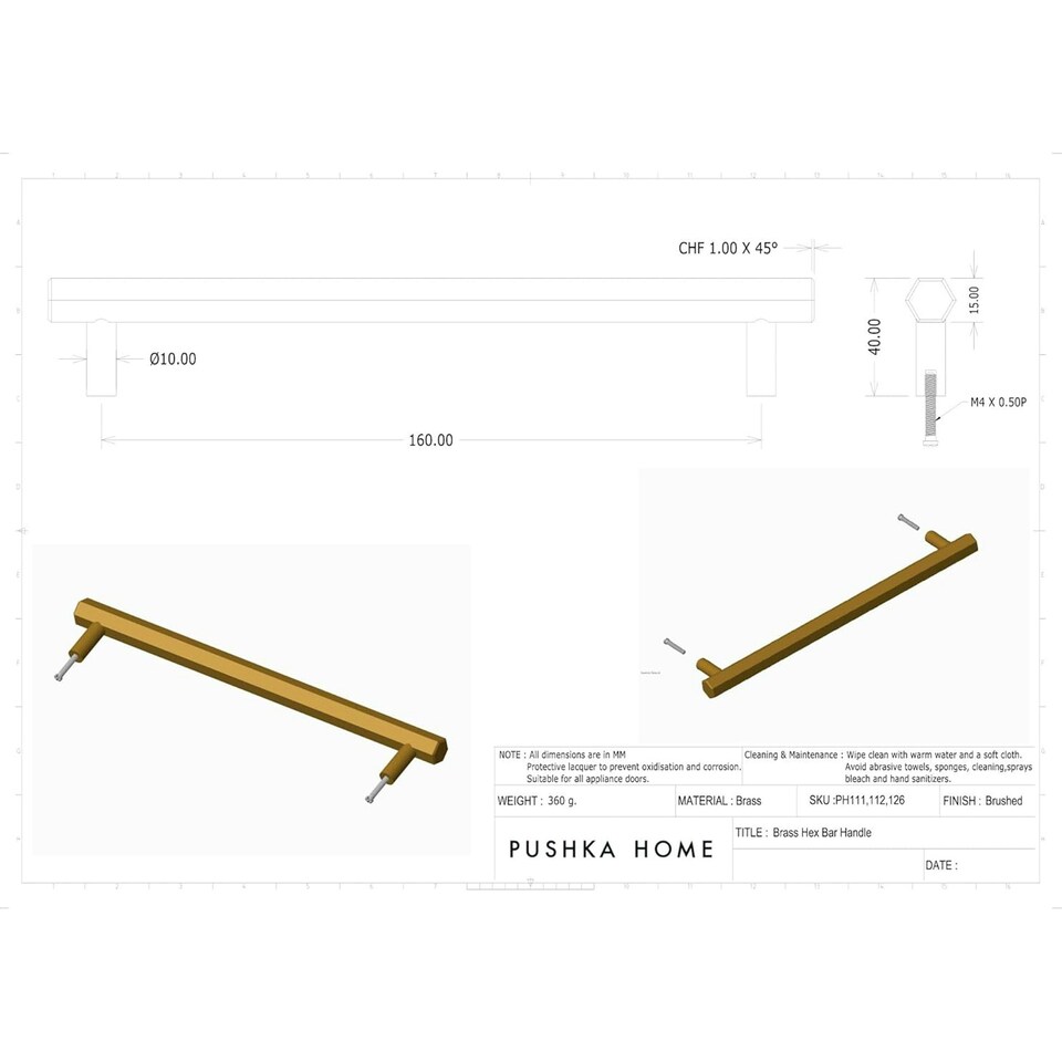 image 1 of Pushka Home Solid Brass Hexagon Bar Handle 160mm - Brushed Gold Finish Gold