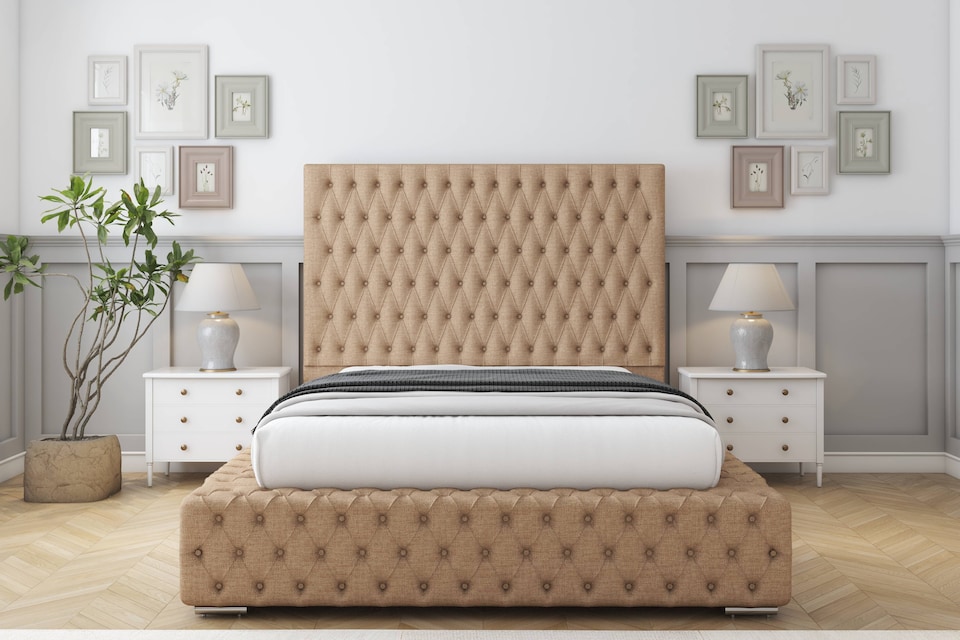 image 1 of Sloomy Ambassador Latte Dumfries Bed Frame With Mattress With 50"  Upholstered Headboard 4'6 Double