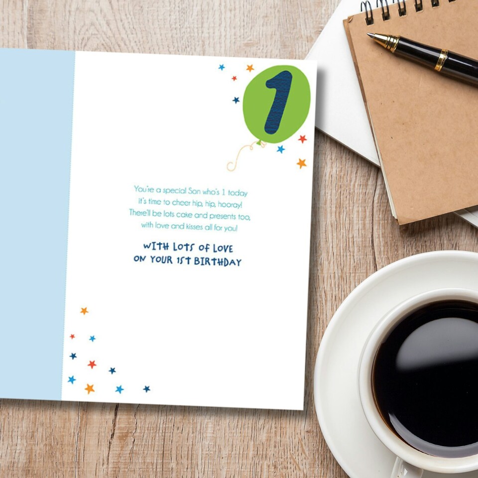 image 1 of Words 'n' Wishes 1st Birthday Card for Son, Patterned & Foiled Letters With Balloons, Multicoloured, 23.5 x 16.5 cms