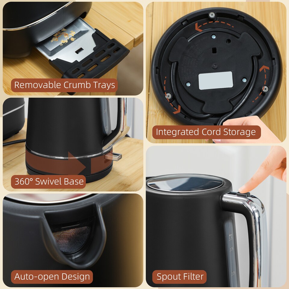 image 1 of HOMCOM Kettle and Toaster Set, 1.7L 3000W Fast Boil Kettle & 2 Slice Toaster Kitchen Set with 6 Level Browning Controls, Defrost, Reheat, Black