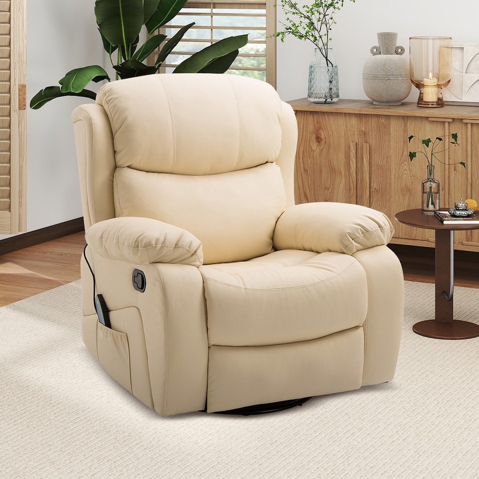 image 1 of HOMCOM PU Leather Massage Recliner Chair with 8 Points and Heat, Manual Reclining Chair with Swivel Base, Footrest and Remote, Rocking Armchair, Beige