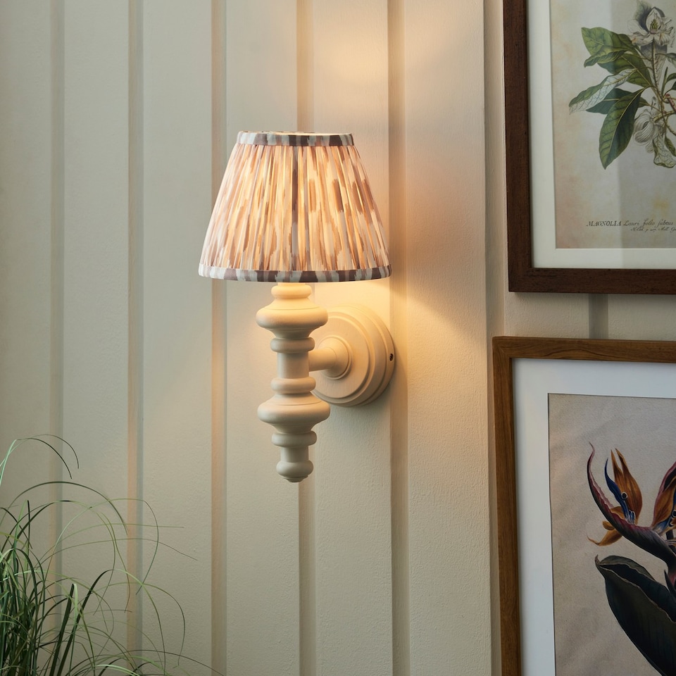 image 1 of Carnaby Satin Almond White Paint Wall Light with Neutral Print Fabric Ikat Shade 20cm B22