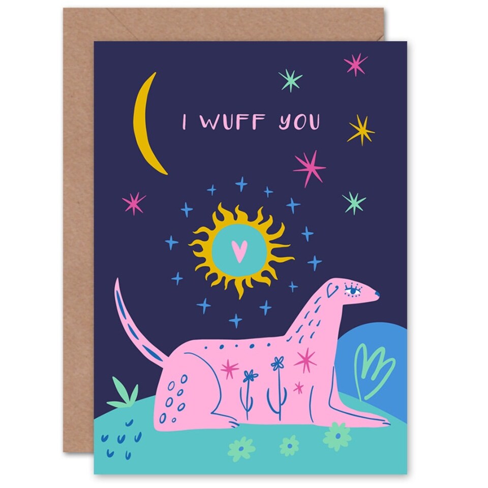 image 1 of Wuff You Pink Love Starry Sky Landscape Dog Anniversary Valentines Day Card