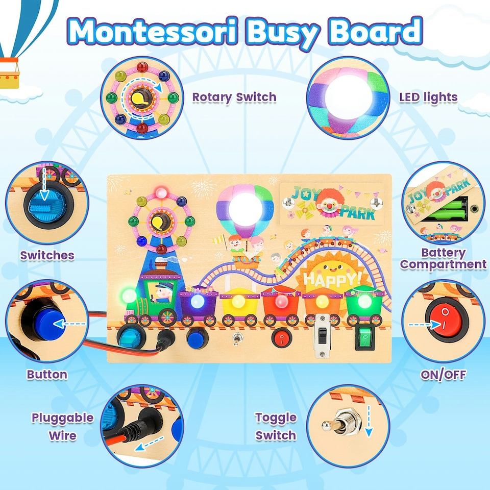 image 1 of Montessori Wooden Busy Board Light Up Sensory Activity Toy for Toddlers Fine Motor Skills Learning Toy for Ages 1 to4