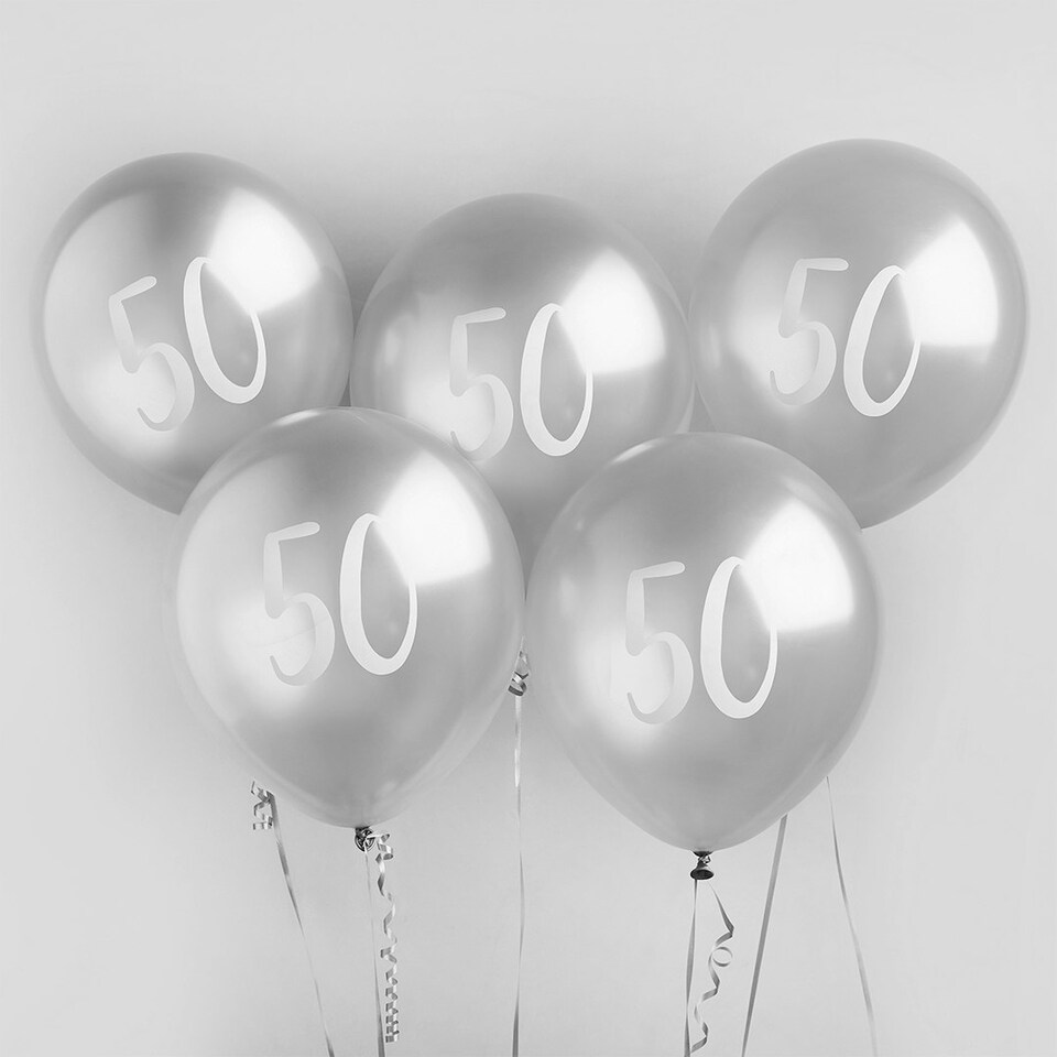 Silver Number '50' Latex 12" Balloons - Pack of 5