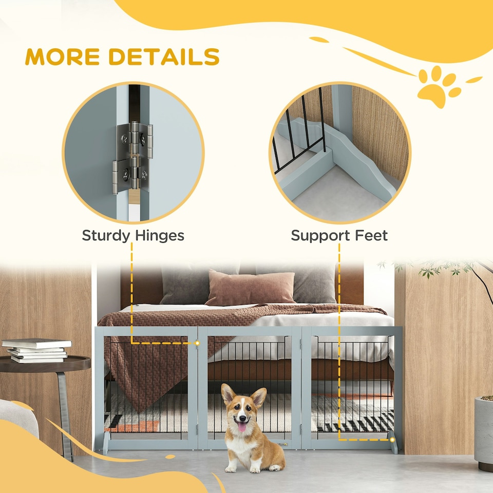 image 1 of PawHut Foldable Wooden Pet Gate w/ 3 Panels 2 Support Feet for Small Dogs