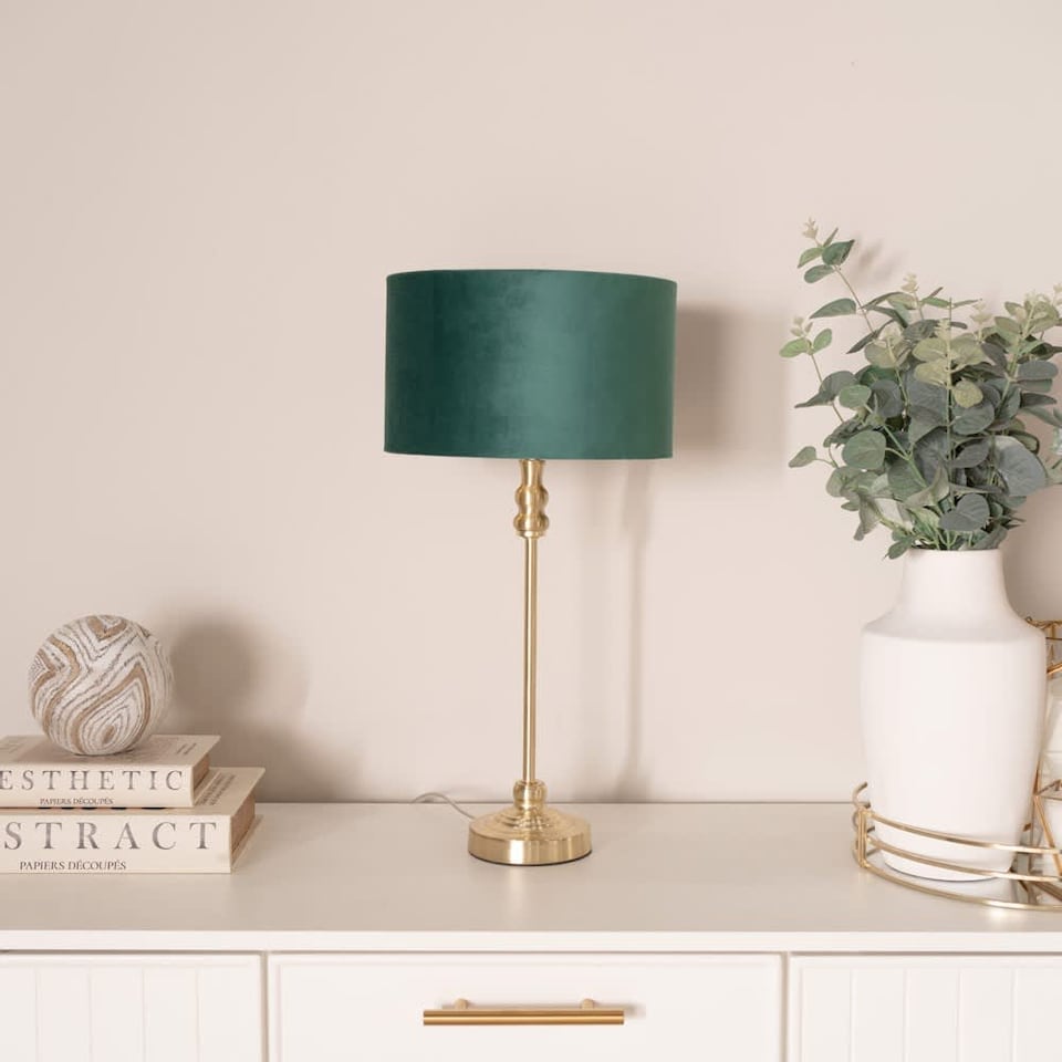 image 1 of ValueLights Maggie Gold Candlestick Table Lamp Green Velvet Gold Shade & Bulb | Gold