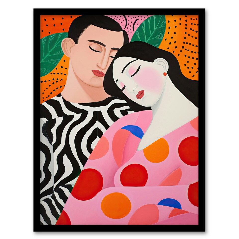 image 1 of Sweet Dreaming Sleeping Couple Vibrant Home Decor Black Framed Wall Art Print A4