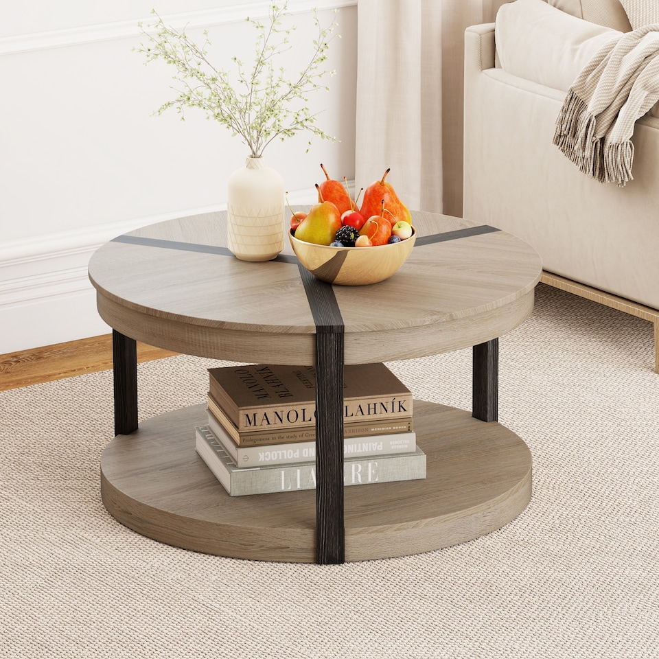 image 1 of COSTWAY 2 Tier Round Coffee Table 88CM Rubber Wood Center Table Shelf Oak