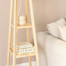 ValueLights Wakefield Quad Base Two Shelf Wooden Floor Lamp with White Fabric Shade and LED Bulb