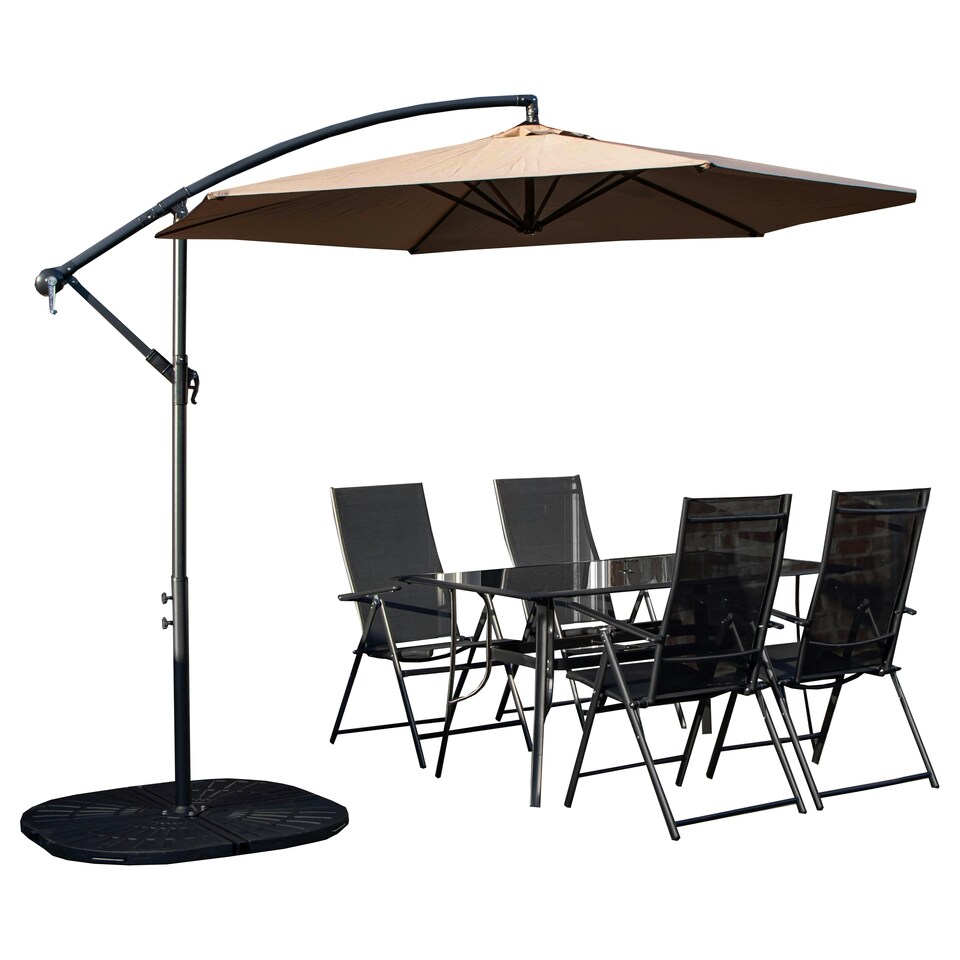 image 1 of Outdoor 4 Person Rectangular Glass Top Garden Dining Table Chairs With Beige Banana Parasol and Base