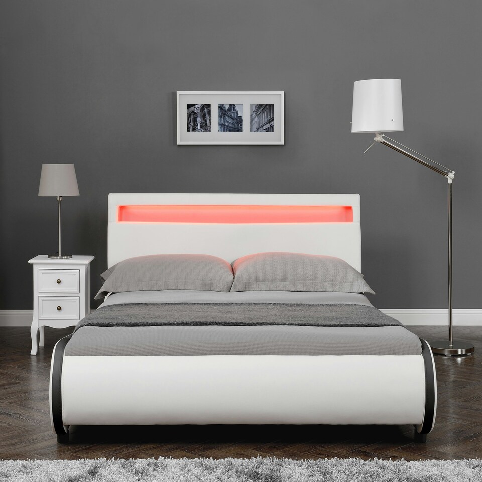 image 1 of Orion LED Lights Headboard Gaming Style White/Black Faux Leather Bed Frame (Double)