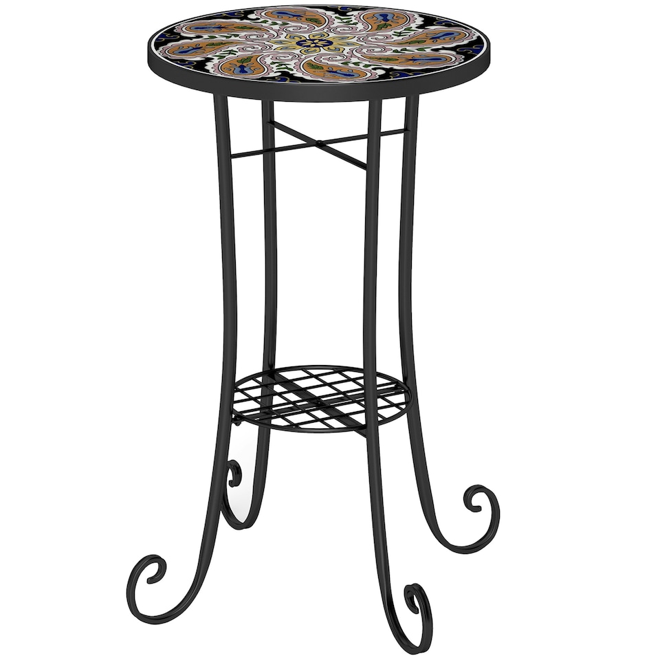 image 1 of Outsunny 35.5cm Round Mosaic Garden Side Table Plant Stand w/ Shelf Blue | Blue