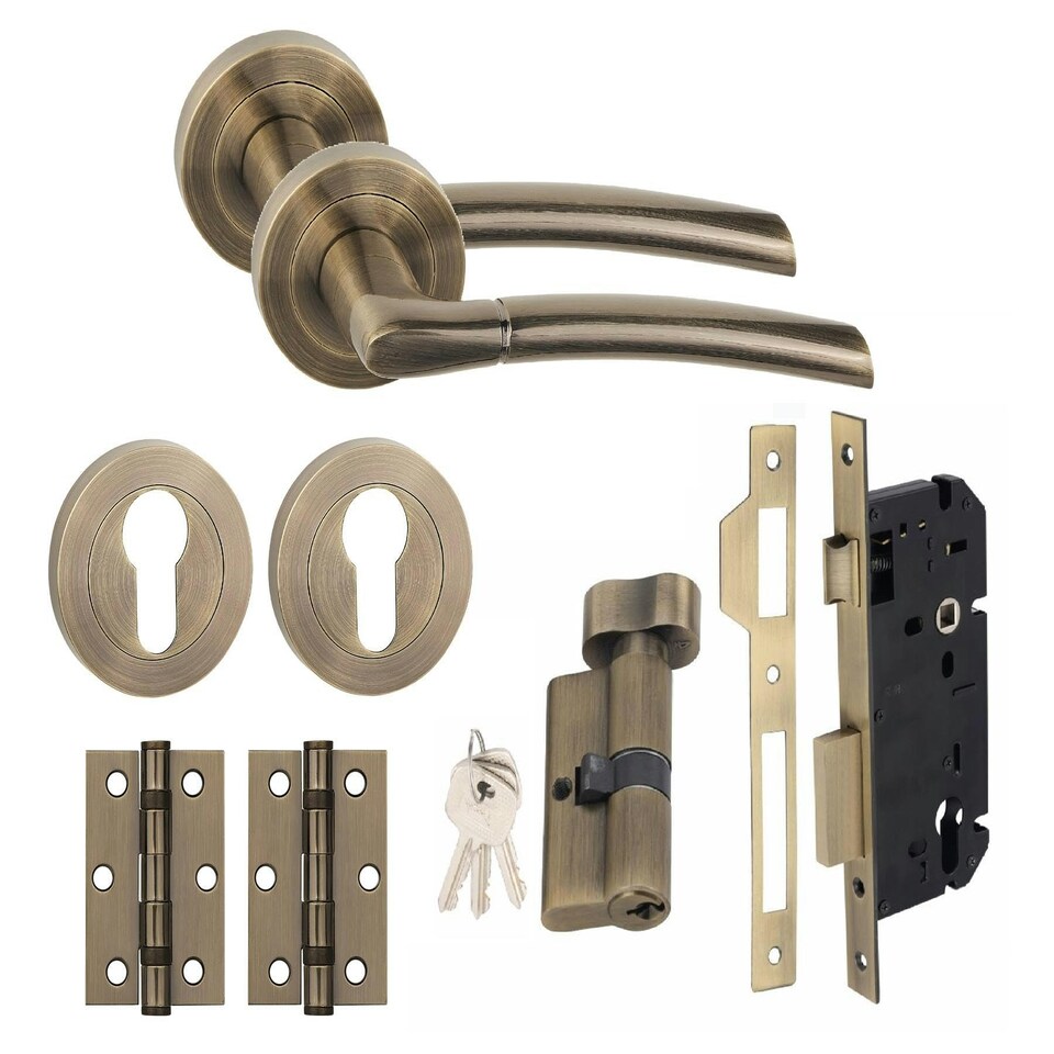 image 1 of Golden Grace Indiana Design Euro Lock Door Handle Set in Antique Brass with 70mm Key, Thumbturn and Hinges Gold