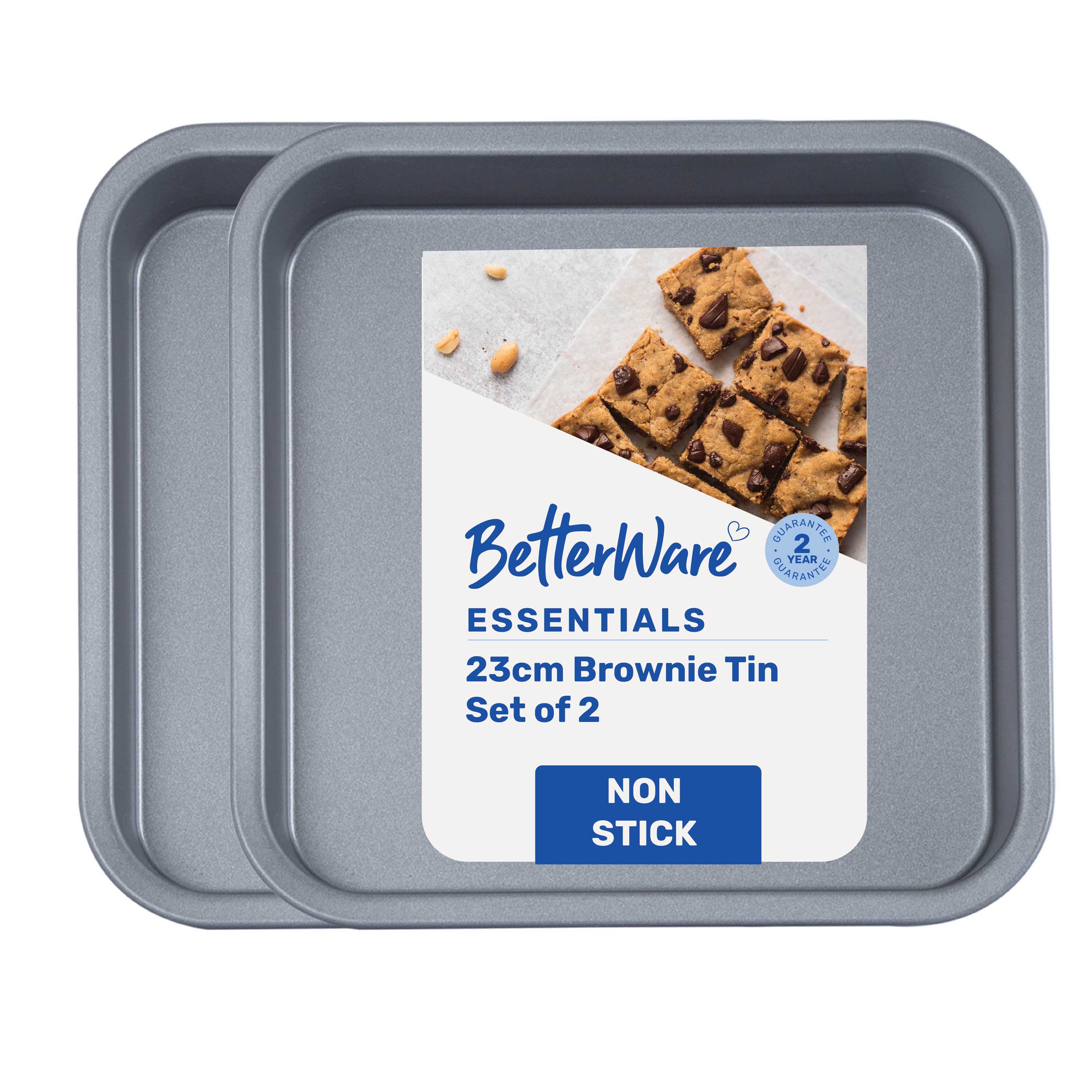 Betterware Essentials 2 x 23cm Non-Stick Brownie Tins in Silver | Size: 2 x 23 cm