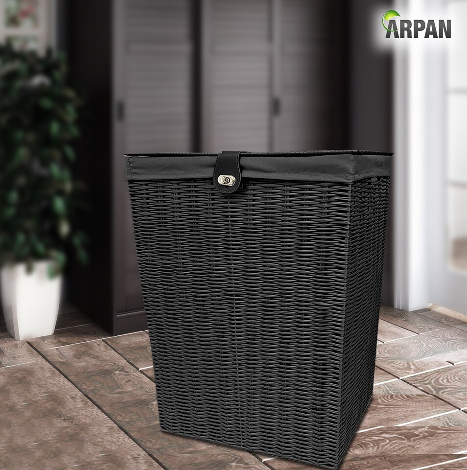 image 1 of Black Resin Laundry Clothes Basket with Lid, Lock & Removable Washable Lining – Wicker Effect Laundry Storage Hamper for Bedroom, Bathroom & Utility Room