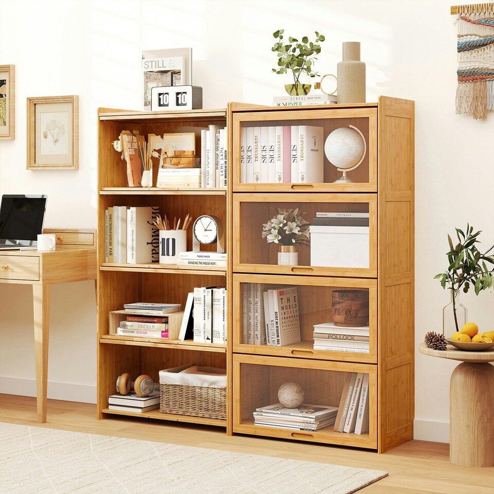 image 1 of COSTWAY 4-Tier Bookcase Bamboo Bookshelf with Doors Natural Brown