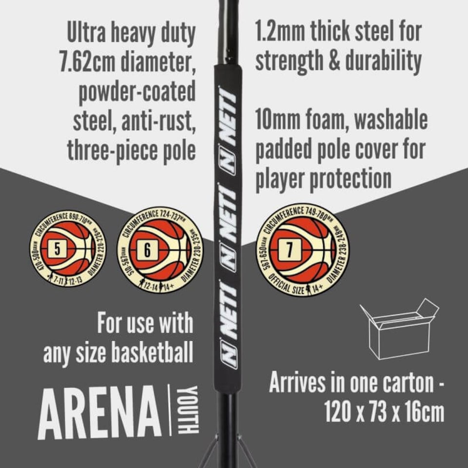 image 1 of NET1 Arena Basketball Hoop – Telescopic 2.28 to 3.05 m, Pro-Style Polycarbonate Backboard 107 x 68.5 cm, 38 L Wheeled Base | Multi | BLACK | 27.0KILOGRAMS