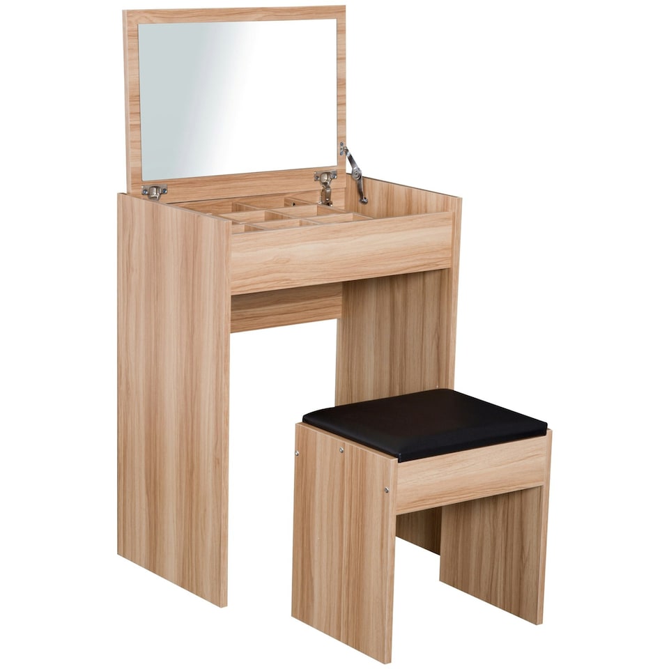image 1 of HOMCOM Dressing Table Set Cushioned Stool Flip-up Mirror Chipboard - Wood Grain