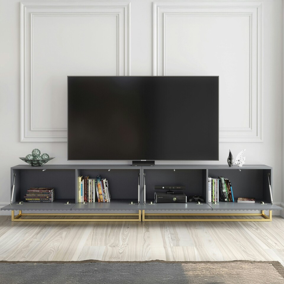 image 1 of Modular TV Unit 200cm Grey Matt with Fluted Fronts and Gold Base Grey