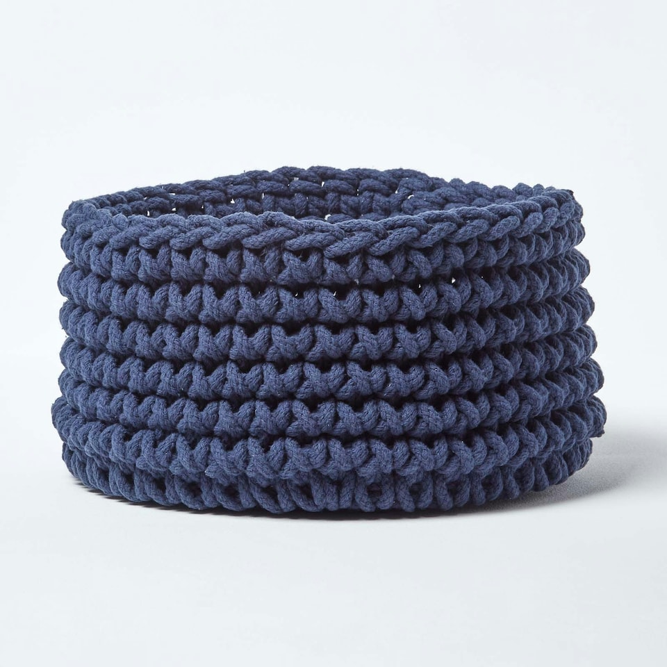 image 1 of Homescapes Navy Blue Cotton Knitted Round Storage Basket - 37 x 21 cm Blue | M