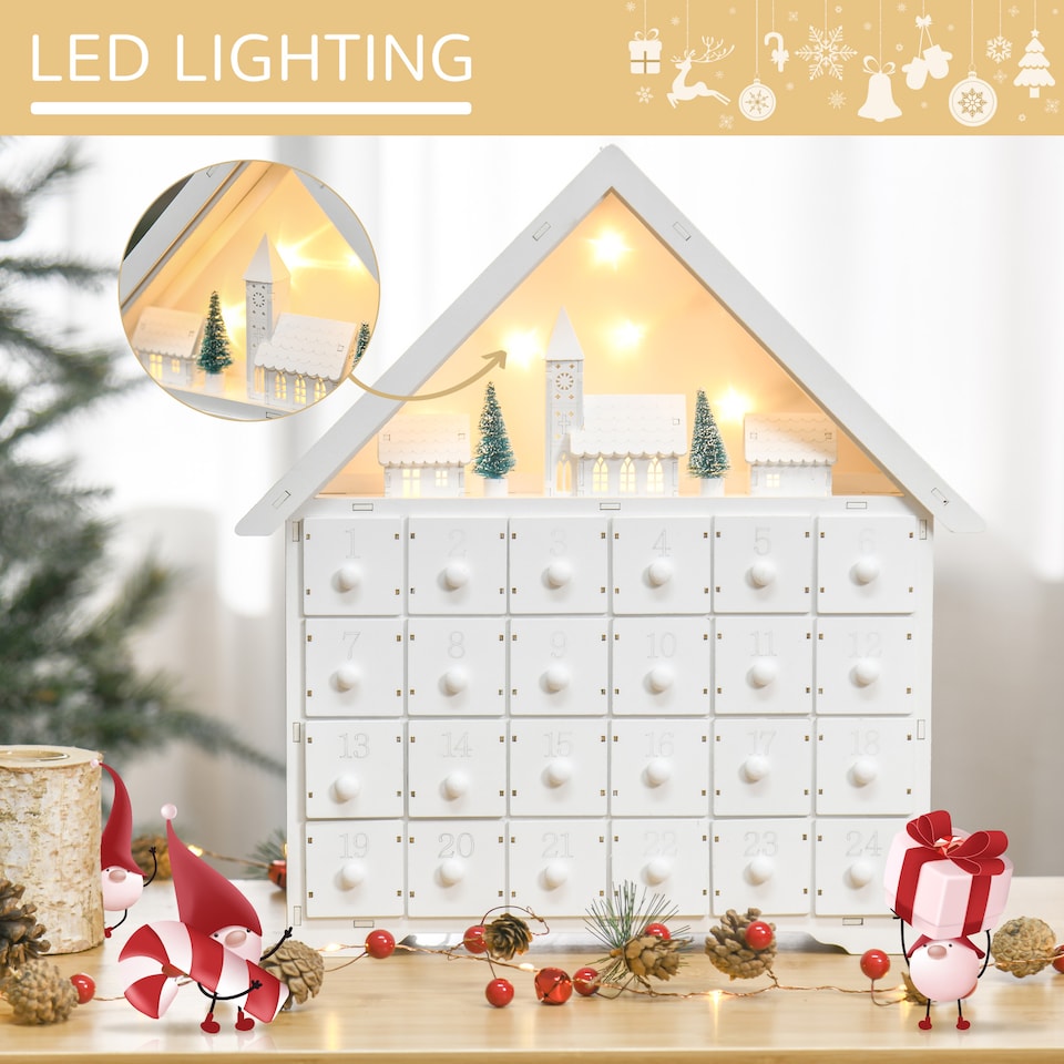 image 1 of HOMCOM 24Drawer Christmas Advent Calendar, Wooden LightUp Traditional Decoration, Adults Kids Countdown Holiday House w Lights Handle White