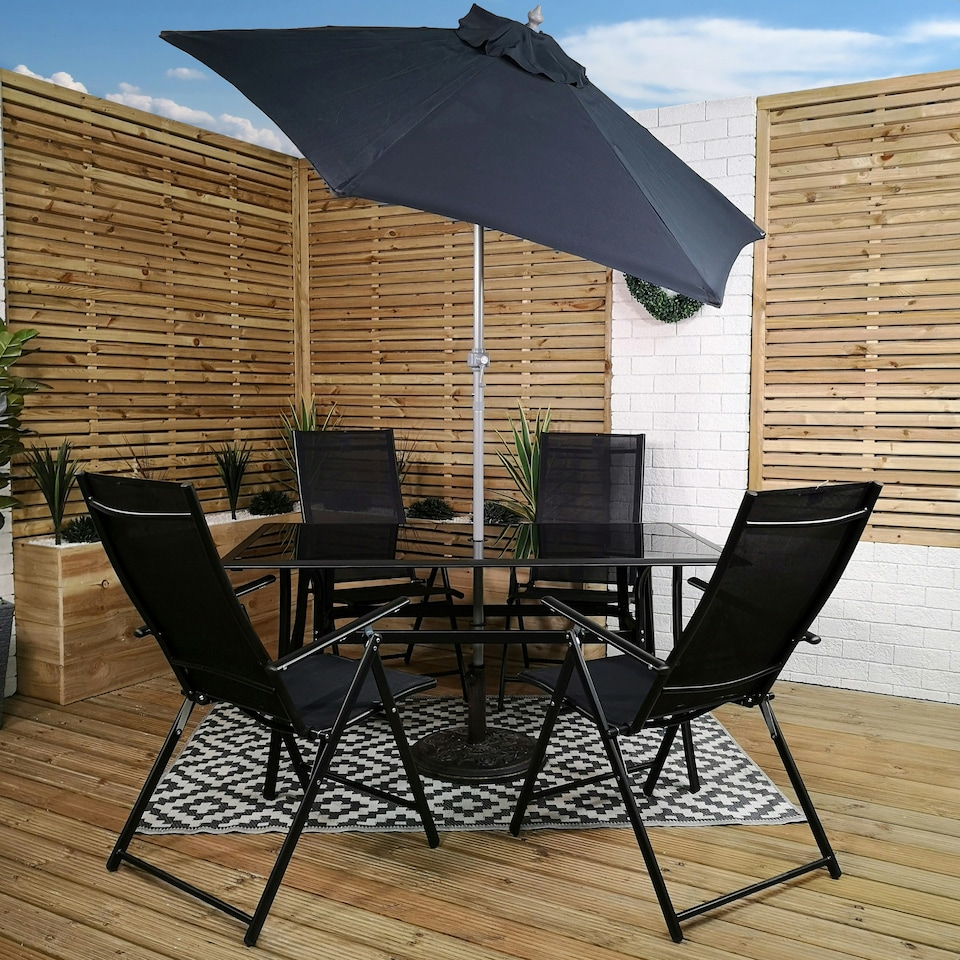 image 1 of Outdoor 4 Person Rectangular Glass Top Garden Patio Dining Table Chairs With Black Parasol and Base Set