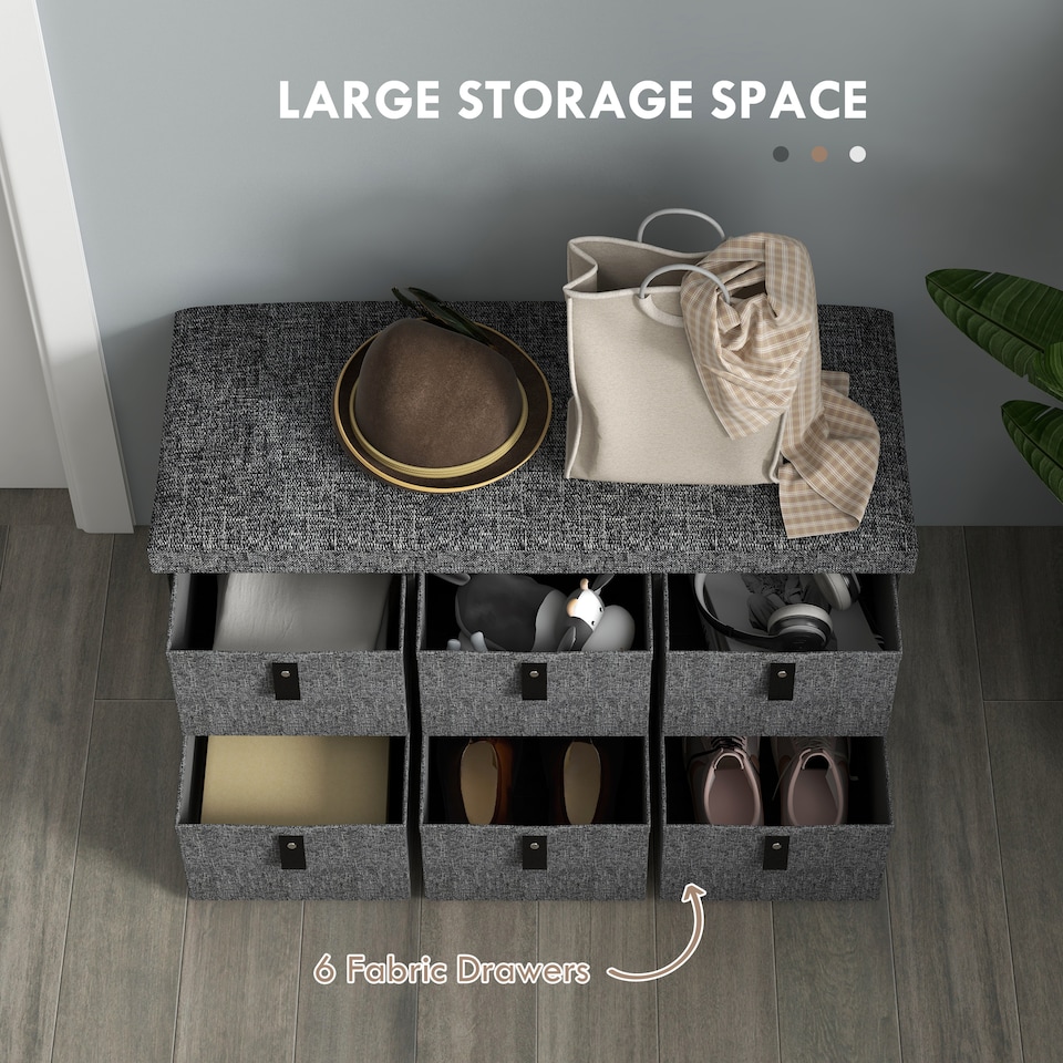 image 1 of HOMCOM Shoe Bench with Seat, Shoe Storage Bench with Cushion and 6 Fabric Drawers for Entryway, Hallway, Living Room, Bedroom, Dark Grey | Grey | Dark Grey