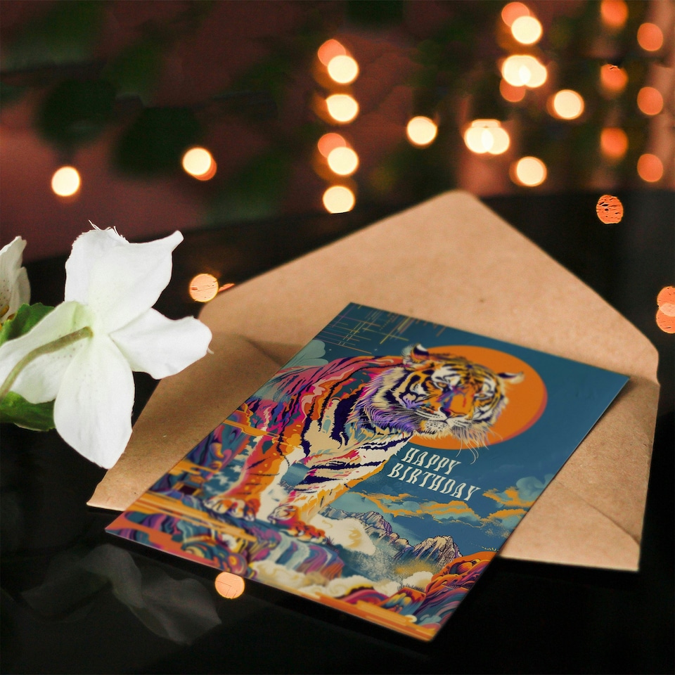 image 1 of Colourful Tiger Japanese Temple Waterfall Him Birthday Card