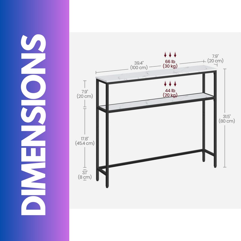 image 1 of Industrial Slim Console Table With 2 Shelves Marble Effect White White