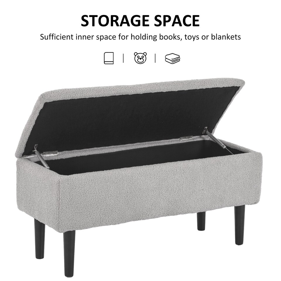 image 1 of HOMCOM 57L Storage Ottoman, End of Bed Bench with Wooden Legs, Fabric Footstool for Living Room, Bedroom, 95 x 38 x 45cm, Grey | Grey