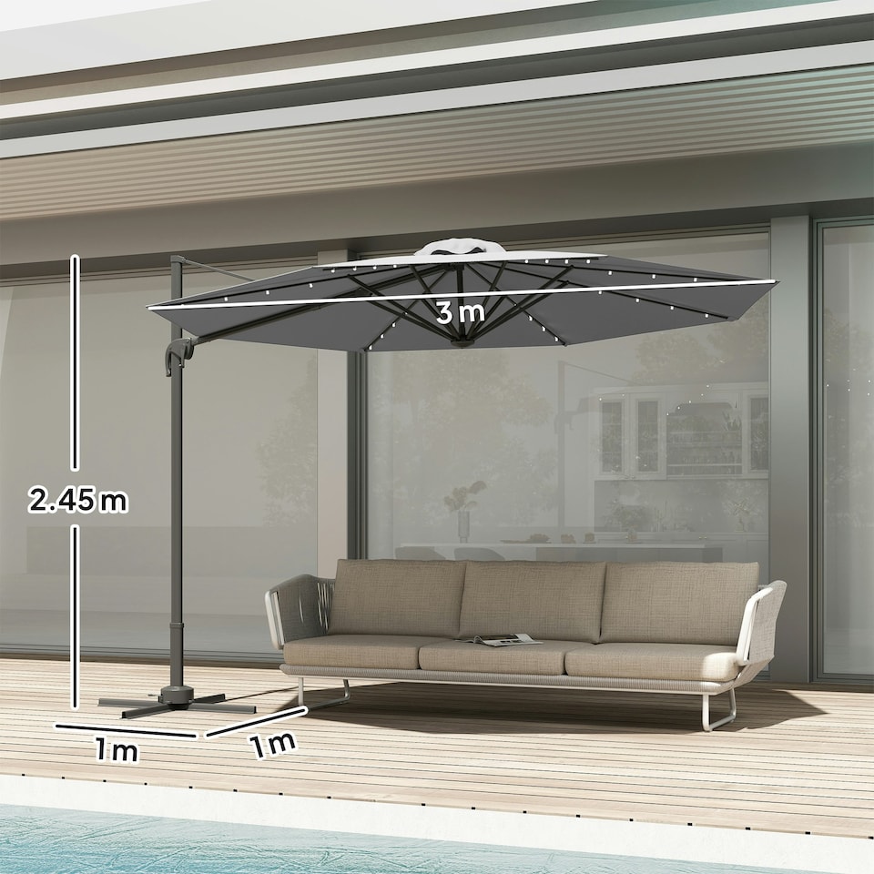 image 1 of Outsunny 3(m) Cantilever Parasol Patio Umbrella w/ Crank Solar Lights Dark Grey