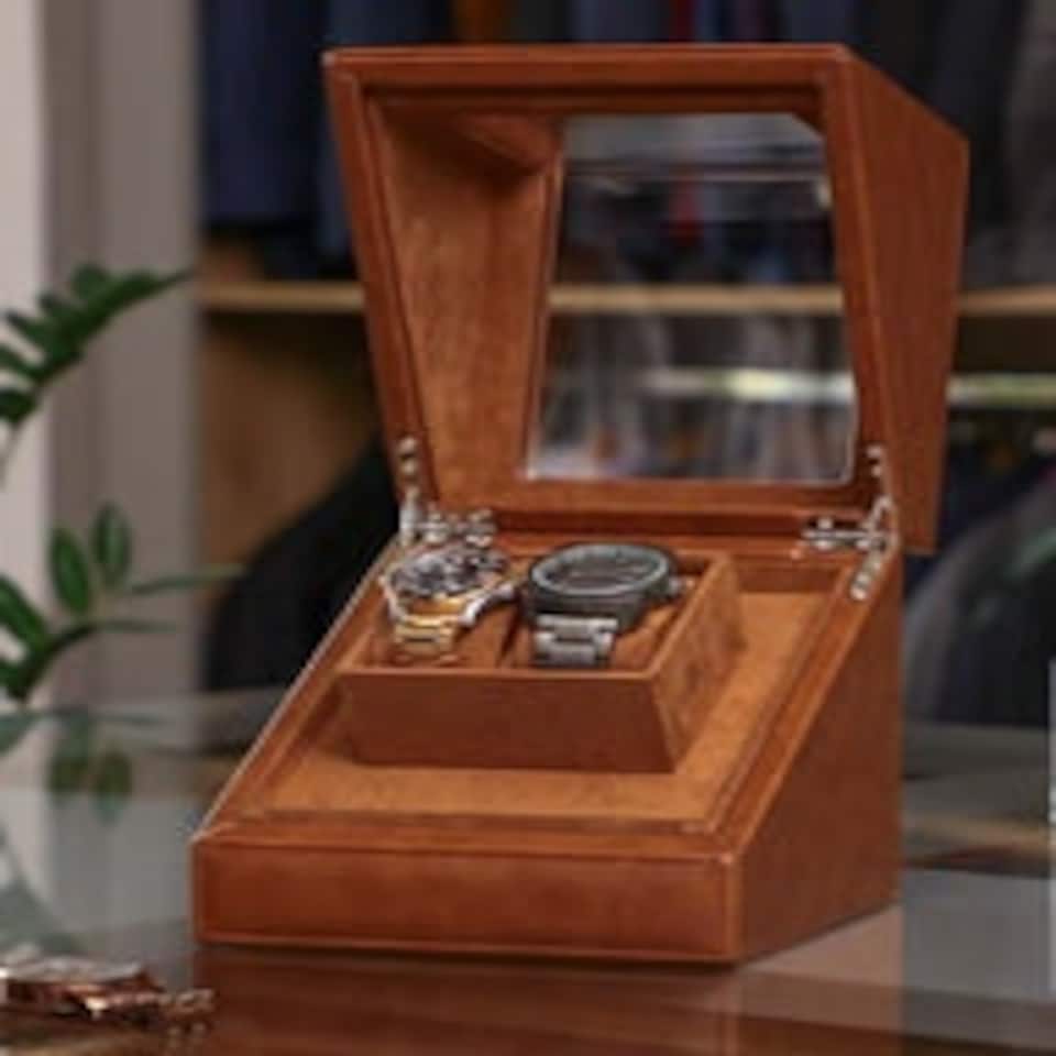 image 1 of Tan Brown Leather Double Watch Display Case Brown