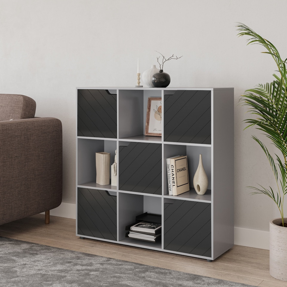 image 1 of White 9-Cube Shelving Unit With Lined Doors | Grey | Grey & Black | 1
