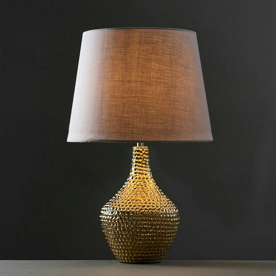 image 1 of ValueLights Pair of - Metallic Gold Indent Textured Ceramic Table Lamps with a Grey Tapered Shade - Complete with 4w LED Candle Bulbs 3000K Warm White Grey